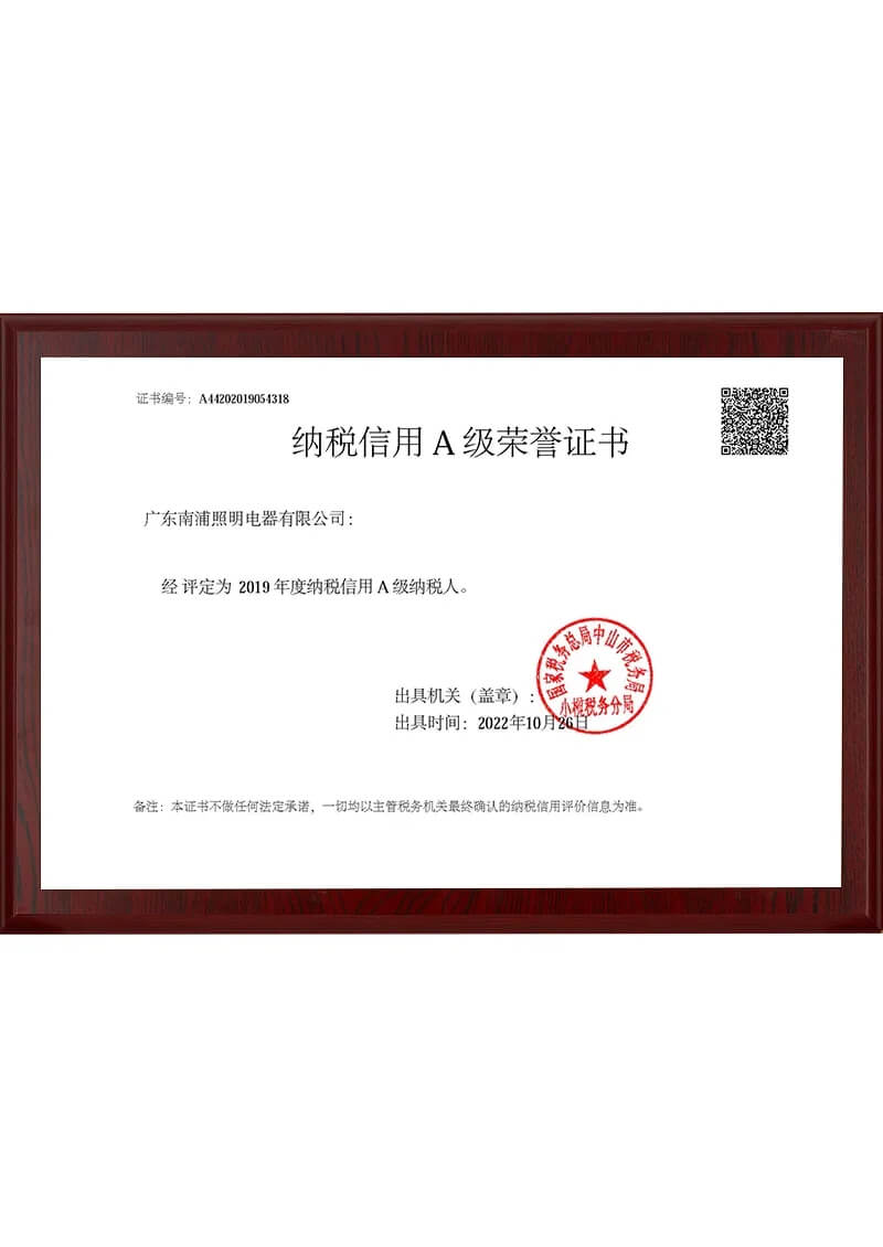 2019 Tax Credit Grade A Certificate of Honor