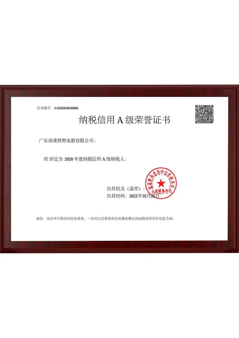 2020 Tax Credit Grade A Certificate of Honor